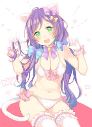  alternate_costume animal_ears bad_id bad_pixiv_id bikini blush bow breasts cat_ears cat_tail cleavage female frilled_thighhighs frills gloves green_eyes hair_over_shoulder hairbow highres kemonomimi_mode large_breasts long_hair love_live! love_live!_school_idol_project low_twintails navel nerunnn open_mouth paw_pose sitting solo swimsuit tail thighhighs tojo_nozomi twintails very_long_hair white_bikini white_gloves 