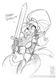  2017 anthro armlet armor big_breasts bikini_armor breasts chloe_sinclaire clothing conditional_dnp cosplay dialogue english_text female gauntlets gloves hair handwear heart_symbol jollyjack mammal melee_weapon mephitid monochrome open_mouth red_sonja scalemail scalemail_bikini skunk solo sword text unconvincing_armor under_boob weapon 