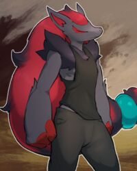  2018 4:5 black_body black_clothing black_fur bottomwear brown_background chest_tuft closed_eyes clothed clothing conditional_dnp dacad fur generation_5_pokemon male nintendo pants pokemon pokemon_(species) red_body red_fur shirt simple_background solo standing tank_top topwear tuft zoroark 