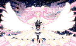  2girls akemi_homura akemi_homura_(magical_girl) angel_wings bad_id bad_pixiv_id black_hair bow commentary_request hairbow highres kaname_madoka long_hair magical_girl mahou_shoujo_madoka_magica mahou_shoujo_madoka_magica_(anime) multiple_girls pink_hair shima-shuu smile spoilers two_side_up ultimate_madoka very_long_hair wings 