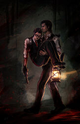  2boys carrying commentary_request deltastic glasses gun joseph_oda lantern male_focus multiple_boys photoshop_(medium) princess_carry sebastian_castellanos sleeping the_evil_within vest waistcoat weapon 