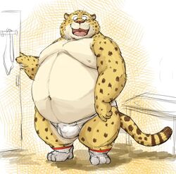  anthro benjamin_clawhauser better_version_at_source big_bulge briefs bulge cheetah clothed clothing disney fangs felid feline footwear kotobuki legwear male mammal navel nipples open_mouth partially_clothed pink_nose simple_background smile socks solo teeth tongue topless underwear zootopia 