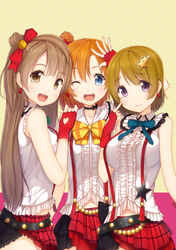  3girls :d ;d arm_up belt blue_eyes bokura_wa_ima_no_naka_de bow bowtie brown_eyes brown_hair commentary_request earrings fingerless_gloves gloves hair_ornament hair_ribbon half-skirt hand_on_another&#039;s_shoulder heart jewelry koizumi_hanayo kosaka_honoka long_hair love_live! love_live!_school_idol_project minami_kotori multiple_girls one_eye_closed one_side_up open_mouth photoshop_(medium) printemps_(love_live!) purple_eyes red_gloves ribbon short_hair siva_(executor) skirt smile star_(symbol) 