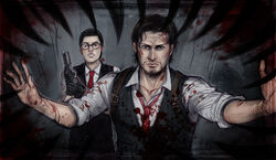  2boys black_hair blood blood_on_clothes commentary_request deltastic glasses gun joseph_oda male_focus multiple_boys necktie photoshop_(medium) sebastian_castellanos the_evil_within vest waistcoat weapon 