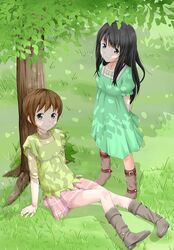  1boy androgynous arm_support arms_behind_back black_hair blush boots brown_hair chiba_saori commentary_request crossdressing dress female grass green_eyes hourou_musuko leaf long_hair nitori_shuuichi otoko_no_ko short_hair sitting skirt smile tree yoruda 