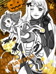  2girls bad_id bad_pixiv_id elbow_gloves gloves hair_ribbon halloween happy_halloween jack-o&#039;-lantern kurage macross macross_frontier monochrome multiple_girls one_eye_closed pumpkin ranka_lee ribbon sheryl_nome smile thighhighs 