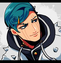  1boy bad_id bad_pixiv_id blue_eyes blue_hair eyelashes hair_ornament hairclip higashikata_jobin highres hood hoodie jojo_no_kimyou_na_bouken jojolion letterboxed male_focus scar solo soumu spikes 