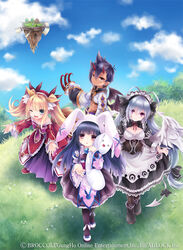  1boy 3girls ;d animal_ears animal_hood bad_id bad_pixiv_id bare_shoulders black_hair blonde_hair blue_eyes bow breasts brown_eyes claws cleavage demon_horns demon_tail demon_wings emil_chronicle_online feathered_wings fox_ears fox_tail hair_ribbon hairband hairbow hood horns hugging_doll hugging_object konayama_kata lolita_hairband long_hair maid maid_headdress medium_breasts mitama_kyrie mitama_mei mitama_mikoto mitama_rai multiple_girls official_art one_eye_closed open_mouth parted_lips purple_eyes rabbit_hood ribbon smile stuffed_animal stuffed_rabbit stuffed_toy tail white_wings wings 