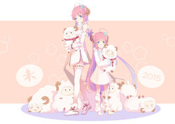  2girls animal blue_eyes blush bzerox dress garter horns long_hair original pink_hair sheep sheepgirl thighhighs 