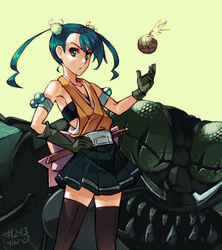  2013 armband black_legwear bomb breasts dated gloves green_eyes green_hair hair_ornament hand_on_hip hibachi_(mushibugyou) highres japanese_clothes junkpuyo mismatched_gloves mushibugyou short_sword skirt small_breasts solo strapless sword thighhighs tubetop twintails weapon zettai_ryouiki 