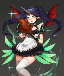  apron beelzebub_(the_seven_deadly_sins) black_dress black_gloves blue_hair blush boned_meat chains commentary dress eating english_commentary feathers floating_hair food gloves green_eyes grey_background holding holding_food horn long_hair meat oerba_yun_fang parted_lips puffy_short_sleeves puffy_sleeves seven_deadly_sins short_sleeves skindentation slit_pupils solo standing terupancake the_seven_deadly_sins thighhighs twintails twitter_username waist_apron white_apron white_legwear 