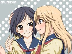  2girls bad_id bad_pixiv_id black_hair blonde_hair blue_eyes blush brown_eyes cardigan copyright_name girl_friends_(manga) hug kumakura_mariko long_hair multiple_girls oohashi_akiko parted_lips polka_dot polka_dot_background sachi_(itsuki) school_uniform short_hair smile yuri 