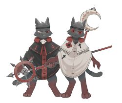  angry anthro aym_(cult_of_the_lamb) baal_(cult_of_the_lamb) barefoot black_body black_eyes black_fur brother_(lore) brothers_(lore) claws clenched cult_of_the_lamb domestic_cat duo feet felid feline felis fur hi_res holding_object holding_staff japanese_description looking_at_viewer male mammal massive_monster_(studio) red_sclera serious sibling_(lore) simple_background staff tail torasansousaku_(artist) white_background 