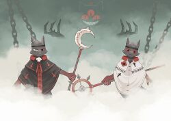  3_eyes absurd_res angry anthro aym_(cult_of_the_lamb) baal_(cult_of_the_lamb) black_body black_eyes black_fur brother_(lore) brothers_(lore) chains claws clenched cult_of_the_lamb domestic_cat felid feline felis fur grin group hi_res holding_object holding_staff japanese_description looking_at_viewer male mammal massive_monster_(studio) multi_eye narinder red_sclera serious sibling_(lore) smile staff torasansousaku_(artist) trio 