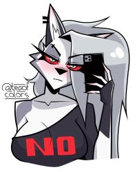  2024 absurd_res anthro artist_name big_breasts black_clothing black_shirt black_t-shirt black_topwear blush breasts canid canid_demon canine cellphone cleavage clothed clothed_anthro clothed_female clothing demon ear_piercing electronics eyebrow_piercing eyelashes facial_piercing female fur grey_body grey_fur grey_hair hair half-length_portrait hellaverse hellhound helluva_boss hi_res holding_cellphone holding_object holding_phone holding_smartphone long_hair loona_(helluva_boss) mammal mythological_canine mythological_creature mythology off_shoulder phone piercing portrait pouting pupils red_sclera shirt simple_background slit_pupils smartphone solo t-shirt teaofcolors text topwear translucent translucent_hair twitter_handle white_background white_body white_eyes white_fur 