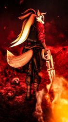  anthro bone canid canid_demon canine demon embers female fire grin gun hell hellaverse hellhound helluva_boss heresy_sfm hi_res looking_at_viewer looking_back loona_(helluva_boss) mammal microsoft mythological_canine mythological_creature mythology quake ranged_weapon red_sclera skull smile solo weapon 