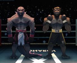  abs angry anthro blood blood_in_mouth bloody_body bodily_fluids boxing boxing_gloves boxing_shorts bruised bruised_arm bruised_chest bruised_eye clothing delvalyahir duo fighters fighting_ring godzilla godzilla_(series) handwear haplorhine hi_res kaiju king_kong lizard male mammal meme monarch monkey monster monsterverse muscular muscular_anthro muscular_arms muscular_male nosebleed primate reptile scalie smile sport text titans toho url 