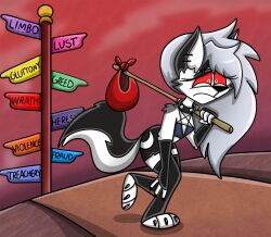  2026 anthro bindle bottomwear canid canid_demon canine clothing demon digital_media_(artwork) ear_piercing english_text female fingerless_gloves fur gloves grey_body grey_fur grey_hair hair handwear hellaverse hellhound helluva_boss hi_res leggings legwear loona_(helluva_boss) mammal mythological_canine mythological_creature mythology piercing red_sclera shinragod sign_post solo stick text topwear white_eyes 