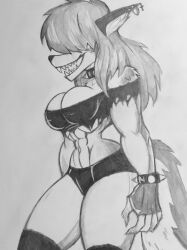  2020 absurd_res anthro big_breasts bottomwear bracelet breasts canid canid_demon canine clothing collar demon diabolik0 ear_piercing ear_ring fangs female hair hellaverse hellhound helluva_boss hi_res jewelry legwear loona_(helluva_boss) mammal monochrome mythological_canine mythological_creature mythology navel obscured_eyes open_mouth piercing ring_piercing solo spiked_bracelet spiked_collar spikes teeth thick_thighs topwear traditional_media_(artwork) 