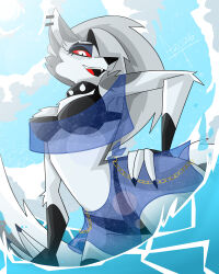  2025 4:5 absurd_res anthro bikini black_bikini black_clothing black_swimwear breasts canid canid_demon canine clothing collar demon ear_piercing female female_anthro fur grey_body grey_fur grey_hair hair hand_on_hip hellaverse hellhound helluva_boss hi_res loona_(helluva_boss) mammal mythological_canine mythological_creature mythology piercing pupils red_sclera sky slit_pupils solo spiked_collar spikes swimwear turnercreations.art two-piece_swimsuit water white_eyes 
