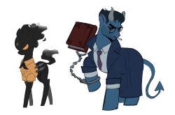  2026 abrams_(deadlock) accessory alternate_species black_body black_hair blue_body blue_clothing blue_coat blue_topwear book cigarette cigarette_in_mouth clothed clothed_feral clothing coat cuff_(restraint) deadlock_(game) duo empty_eyes equid equine female feral forehead_mark hair handcuffs hasbro haze_(deadlock) hi_res horn horse hyung7754 ixian male mammal metal_cuffs military_uniform my_little_pony necktie object_in_mouth orange_clothing orange_eyes orange_shirt orange_topwear orange_uniform ponification pony pseudo_hair purple_necktie red_sclera restraints shirt simple_background smoke smoke_hair smoke_tail spade_tail style_emulation tail throwing_knife tome topwear uniform valve white_background white_dress_shirt 