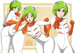  1girls ass bending_over bleach female female_only green_hair hazel_eyes kuna_mashiro mistowing orange orange_gloves solo thick_ass thighs white_suit 