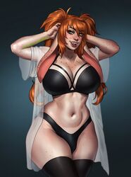  1girls akira_raikou arms_up cleavage curvy freckles gradient_background green_eyes huge_breasts long_hair open_mouth orange_hair pose solo thighhighs underwear wide_hips 