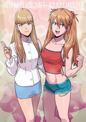  2010s 2019 2girls absurd_res anime arm_around_waist asuka_langley_sohryu bangs bare_shoulders blonde_hair blue_bottomwear blue_eyes blue_skirt braid breasts brown_hair character_name clothing collarbone confidence confident confident_smile cowboy_shot crop_top crossover crown_braid curvaceous cutoffs denim denim_shorts duo duo_female earrings exposed_pockets eyebrows eyebrows_behind_hair eyelashes facing_viewer feet_out_of_frame female female_focus female_only fingernails fist french_braid front_view fully_clothed gainax girly_girl gundam gundam_wing hair_between_eyes hairpods half_updo hand_up happy hi_res human interface_headset jean_shorts jewelry light-skinned_female light_brown_hair light_skin lips long_hair long_hair_female long_sleeves looking_at_viewer manga medium_breasts micro_shorts midriff miniskirt multiple_girls navel neon_genesis_evangelion open_mouth orange_hair parted_lips pencil_skirt red_shirt relena_peacecraft shiny shiny_hair shiny_skin shirt short_shorts shorts signature skirt sleeveless smile spaghetti_strap standing strong_tomboy_(spectrum) tank_top tekuho tomboy twitter_username two_tone_topwear_(purpleandred) upper_teeth wide_hips 