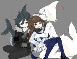  2boys anchor_necklace back_bow belt black_belt black_eyes black_gloves black_jacket black_necktie black_pants black_shoes blue_bow blue_eyes blue_hair blue_thighhighs blunt_bangs blush bow bright_pupils brown_hair closed_eyes closed_mouth collarbone colored_skin commentary crossed_arms dlanor_973 expressionless female fins fish_tail funamusea gloves grey_background grey_shirt hat head_fins heart highres hug implied_netorare jacket jewelry long_hair looking_at_another multiple_boys nail_polish necklace necktie oounabara_to_wadanohara open_mouth pants pleated_skirt sailor_collar sailor_hat sailor_shirt samekichi_(funamusea) shark_boy shark_tail shirt shoes simple_background sitting skirt smile squiggle sweat syakesan_(funamusea) tail thighhighs wadanohara white_hair white_hat white_pants white_pupils white_sailor_collar white_shirt white_skin white_skirt 