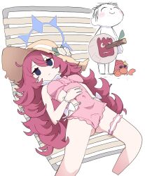  absurdres blue_archive deformed doodle_sensei_(blue_archive) emanonta empty_eyes female grey_hair hat hermit_crab highres iroha_(blue_archive) iroha_(swimsuit)_(blue_archive) lying one-piece_swimsuit pink_one-piece_swimsuit red_hair sensei_(blue_archive) straw_hat swimsuit thigh_strap wilson_(cast_away) 