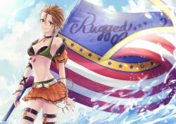  absurdres bare_shoulders belt black_choker blue_sky breasts brown_hair choker cleavage closed_mouth cloud collarbone commentary_request cropped_jacket day earrings english_text eyelashes female fingernails fishnets flag glint green_eyes hair_between_eyes highres holding holding_flag idolmaster idolmaster_cinderella_girls jacket jewelry kimura_natsuki kumatsuki_(no-kirin) mixed-language_commentary nail_polish off_shoulder open_clothes open_jacket orange_jacket orange_skirt red_nails short_hair short_sleeves skirt sky smile solo splatter star_(symbol) star_earrings thigh_strap water waves white_belt 