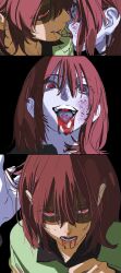  2others after_kiss bite_mark bite_mark_on_tongue blood_trail brown_hair bruise bruise_on_face colored_skin commentary crying deltarune grey_skin grey_tongue heart heart-shaped_pupils heart_in_mouth highres holding_another's_hair injury kris_(deltarune) lantern_madoyoi medium_hair multiple_others other_focus other_with_other red_eyes red_pupils sweat symbol-shaped_pupils tongue tongue_out untranslatable_commentary utdr_(toby_fox) vessel_(deltarune) yellow_skin 