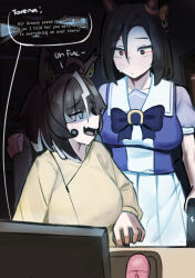  2girls absurdres air_groove_(umamusume) animal_ears belt black_eyes blue_eyes bow breasts brown_hair commentary computer_mouse ear_bow english_commentary english_text eye_trail hair_between_eyes headphones_for_animal_ears highres holding holding_belt horse_ears horse_girl impending_doom indoors iog626 large_breasts light_trail medium_hair monitor multicolored_hair multiple_girls nervous_sweating purple_shirt rulership_(umamusume) sailor_collar school_uniform shaded_face shirt short_hair skirt streaked_hair sweat tracen_school_uniform umamusume white_sailor_collar white_skirt 