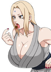  1girls big_breasts blonde_hair brown_eyes chocolate_on_mouth chocolate_on_tongue cleavage clothed clothed_female clothes clothing female female_only fully_clothed naruho naruto naruto_(series) naruto_shippuden open_mouth red_lipstick red_nails solo tongue_out tsunade 