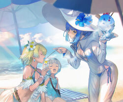  3girls arm_support armlet armpit_crease bag beach beach_umbrella bikini blonde_hair blue_bikini blue_eyes blue_flower blue_gemstone blue_hair blue_one-piece_swimsuit blunt_bangs blurry blurry_background bob_cut breasts chair cleavage closed_eyes cloud collarbone colored_tips commentary_request covered_navel earrings eyebrows_hidden_by_hair facing_another feathers feeding fire_emblem fire_emblem_heroes fjorm_(fire_emblem) fjorm_(summer)_(fire_emblem) flat_chest flower food food_with_face gem hair_flower hair_ornament hairband half-closed_eyes halterneck handbag hat hat_flower hibiscus highres holding holding_food holding_ice_cream holding_spoon ice_cream jewelry large_hat leaning_forward looking_at_another lounge_chair maeshima_shigeki medium_breasts multicolored_flower multicolored_hair multiple_girls navel nifl_(fire_emblem) nifl_(summer)_(fire_emblem) ocean official_alternate_costume one-piece_swimsuit open_mouth plumeria profile sarong see-through short_hair_with_long_locks sidelocks spoon string_bikini swimsuit thighs umbrella w_arms white_flower white_hair white_hat wide_hips wristband yellow_flower ylgr_(fire_emblem) ylgr_(summer)_(fire_emblem) 