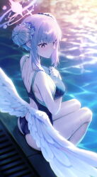  absurdres angel_wings arm_between_breasts ass back back_cutout backlighting between_breasts black_one-piece_swimsuit blue_archive blue_flower blurry blurry_background blush breasts caustics closed_mouth clothing_cutout commentary competition_swimsuit double_bun drain_(object) feathered_wings female flower foreshortening frilled_ribbon frills from_side hair_bun hair_flower hair_ornament hair_ribbon halo hands_on_own_chest highres legs_together looking_back looking_down low_wings median_furrow medium_breasts mika_(blue_archive) moonlight night one-piece_swimsuit outdoors pink_hair pink_halo pool poolside raised_eyebrows ribbon shoulder_blades sidelocks sitting soaking_feet solo soy_chicken swimsuit taut_clothes thighs trinity_general_school_swimsuit wet wet_hair white_ribbon white_wings wings wings_through_clothes yellow_eyes 