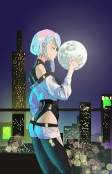  arm_at_side asymmetrical_hair bare_shoulders black_leotard black_thighhighs blunt_ends blurry bob_cut bokeh breasts city closed_mouth cowboy_shot crying cyberpunk_(series) cyberpunk_edgerunners cyborg depth_of_field female from_side full_moon half-closed_eyes hand_up highleg highleg_leotard highres hip_vent holding_moon jacket leo_liao323 leotard leotard_under_clothes long_sleeves lucy_(cyberpunk) medium_breasts moon night off-shoulder_jacket off_shoulder optical_illusion outdoors purple_sky railing shiny_clothes shiny_leotard shiny_skin shirt short_hair short_hair_with_long_locks short_shorts shorts sidelocks single_sidelock sky skyline sleeveless_leotard sleeveless_turtleneck_leotard solo standing streaming_tears tears thighhighs turtleneck white_hair white_jacket white_shirt 