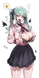  aqua_eyes aqua_hair black_bra black_nails black_skirt blush bra breasts cleavage commentary_request dotthebot ear_piercing earrings fangs female hatsune_miku heart highres jewelry large_breasts long_hair long_sleeves looking_at_viewer mask mask_pull mouth_mask open_clothes open_mouth open_shirt piercing pink_shirt ring shirt simple_background skirt solo spoken_emoji sweat thighs tongue tongue_out tongue_piercing twintails underwear vampire vampire_(vocaloid) vocaloid white_background 