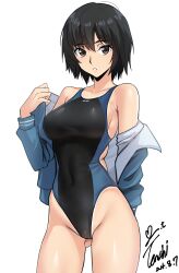  absurdres amagami arm_behind_back ass_visible_through_thighs bare_shoulders black_hair black_one-piece_swimsuit blue_jacket blue_one-piece_swimsuit breasts brown_eyes commentary_request competition_swimsuit covered_navel cowboy_shot dated female hair_between_eyes highleg highleg_one-piece_swimsuit highres jacket long_sleeves looking_at_viewer medium_breasts nanasaki_ai off_shoulder one-piece_swimsuit open_clothes open_jacket parted_lips removing_jacket short_hair signature simple_background solo standing swimsuit tan tanlines teeth track_jacket two-tone_swimsuit white_background yoo_tenchi 