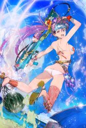  armband beach bikini breasts chain_chronicle character_request cloud diving_mask female food fruit goggles jumping ocean open_mouth purple_hair red_eyes sand sandals smile solo swimsuit toi8 watermelon 