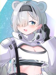  :d absurdres animal_ears arknights aurora_(arknights) black_gloves black_hairband blue_eyes blush breasts cleavage cleavage_cutout clothing_cutout crop_top female gloves grey_hair hair_flip hair_over_one_eye hairband hand_in_own_hair hand_up highres jacket light_particles long_hair long_sleeves one_eye_covered open_mouth smile solo spam_(spamham4506) turning_head turtleneck turtleneck_jacket unzipped upper_body white_jacket zipper 