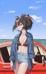  absurdres against_vehicle bikini bikini_top_only black_bikini black_hair black_nails blue_shirt blue_sky breasts closed_mouth cloud collarbone cowboy_shot cutoffs day denim denim_shorts female highres horizon large_breasts light_smile looking_afar looking_to_the_side multicolored_hair nail_polish ocean ponytail red_car red_eyes red_hair shirt shorts siguya sky solo streaked_hair swimsuit zenless_zone_zero zhu_yuan 