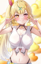  artist_name blonde_hair blush breasts closed_mouth double_v female fingernails heterochromia highres hoshikawa_sara large_breasts looking_at_viewer nail_polish navel nijisanji pink_nails red_eyes side_ponytail smile star-shaped_pupils star_(symbol) suicabar72 symbol-shaped_pupils v virtual_youtuber yellow_eyes 