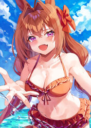  absurdres animal_ears antenna_hair armpits arms_behind_head bikini bow breasts brown_hair cleavage commentary_request cowboy_shot daiwa_scarlet_(trifle_vacation)_(umamusume) daiwa_scarlet_(umamusume) female frilled_bikini frills front-tie_bikini_top front-tie_top hair_intakes hairbow halterneck highres horse_ears horse_girl jewelry large_breasts long_hair looking_at_viewer navel necklace oerba_yun_fang red_bikini red_bow red_eyes solo swimsuit tiara twintails umamusume very_long_hair yoru_usagi 