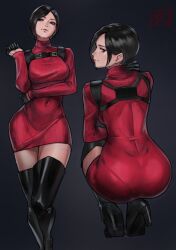  ada_wong ass black_eyes black_footwear black_gloves black_hair boots breasts covered_navel dress female gloves half_gloves high_heel_boots high_heels juaag_acgy large_breasts multiple_views pantylines pencil_dress red_sweater resident_evil resident_evil_4 resident_evil_4_(remake) ribbed_sweater short_dress short_hair squatting standing sweater sweater_dress swept_bangs thigh_boots turtleneck turtleneck_sweater zettai_ryouiki 