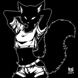  1:1 2024 anthro black_background black_body black_fur black_shading bottomwear breasts clothing crop_top cutoffs denim denim_bottomwear denim_clothing digital_media_(artwork) ezeeshady facial_tuft felid feline female fluffy fluffy_tail fur hands_behind_head inner_ear_fluff looking_at_viewer mammal midriff monochrome monotone_background navel outline pixel_(artwork) raised_arms shirt shorts signature simple_background solo tail topwear tuft white_bottomwear white_clothing white_eyes white_inner_ear_fluff white_nose white_outline white_topwear 