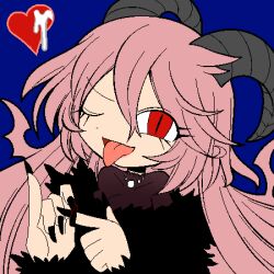  black_dress breasts demon_girl demon_horns dress female funamusea funamusea_(artist) horns large_breasts lil_(funamusea) long_hair looking_at_viewer lowres one_eye_closed pink_hair red_eyes slit_pupils 