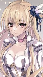  alisa_reinford blonde_hair breasts choker cleavage_cutout clothing_cutout double-parted_bangs earrings eiyuu_densetsu female front_zipper grey_background hair_between_eyes jewelry long_hair looking_at_viewer medium_breasts natsusechoco portrait red_eyes sen_no_kiseki_(series) sen_no_kiseki_iii simple_background smile solo upper_body 