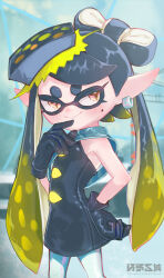  +_+ absurdres backless_dress backless_outfit bare_shoulders black_dress black_gloves black_hair blonde_hair blurry blurry_background blush bow-shaped_hair callie_(splatoon) closed_mouth commentary_request dress earrings female flat_chest gloves gradient_hair hand_on_own_chin hand_on_own_hip hand_up happy highres inkling jewelry long_hair looking_to_the_side mole mole_under_eye multicolored_hair object_on_head orange_eyes osen_kuiki pantyhose pointy_ears short_dress smile solo splatoon_(series) splatoon_3 standing stroking_own_chin swept_bangs tentacle tentacle_hair twintails two-tone_hair very_long_hair watermark white_pantyhose 