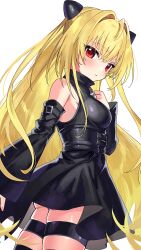  absurdres bare_shoulders black_dress black_sleeves blonde_hair blush breasts closed_mouth detached_sleeves dress female floating_hair hair_between_eyes hand_on_own_chest highres konjiki_no_yami long_hair looking_at_viewer medium_breasts red_eyes simple_background solo to_love-ru very_long_hair white_background wide_sleeves yasaikakiage 